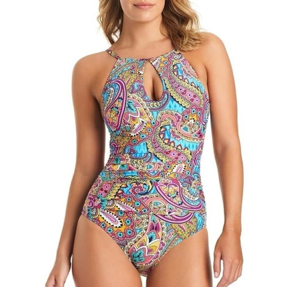 Ellen Tracy Paisley High Neck Keyhole Tummy Control One Piece Swimsuit Size 12